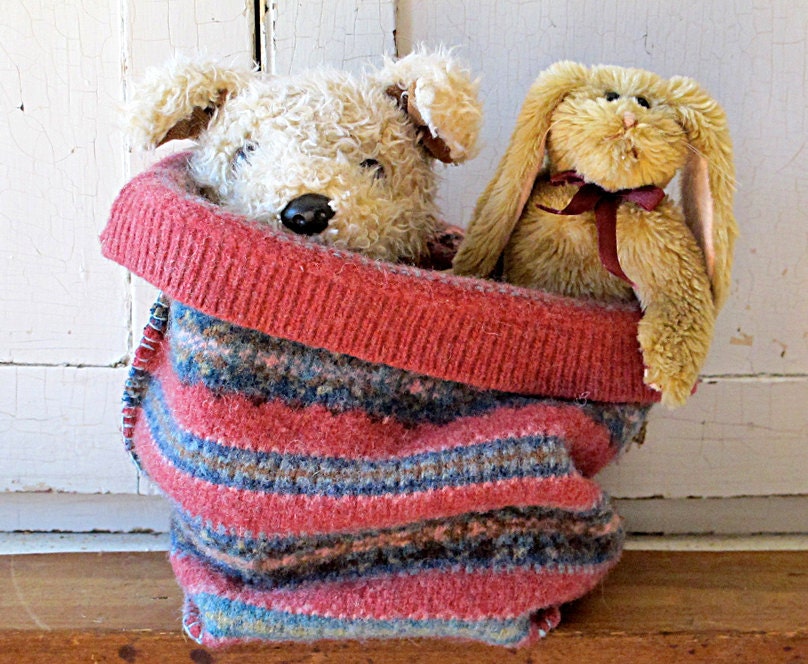 Storage Tote, Wool Felt Pink Fair Isle