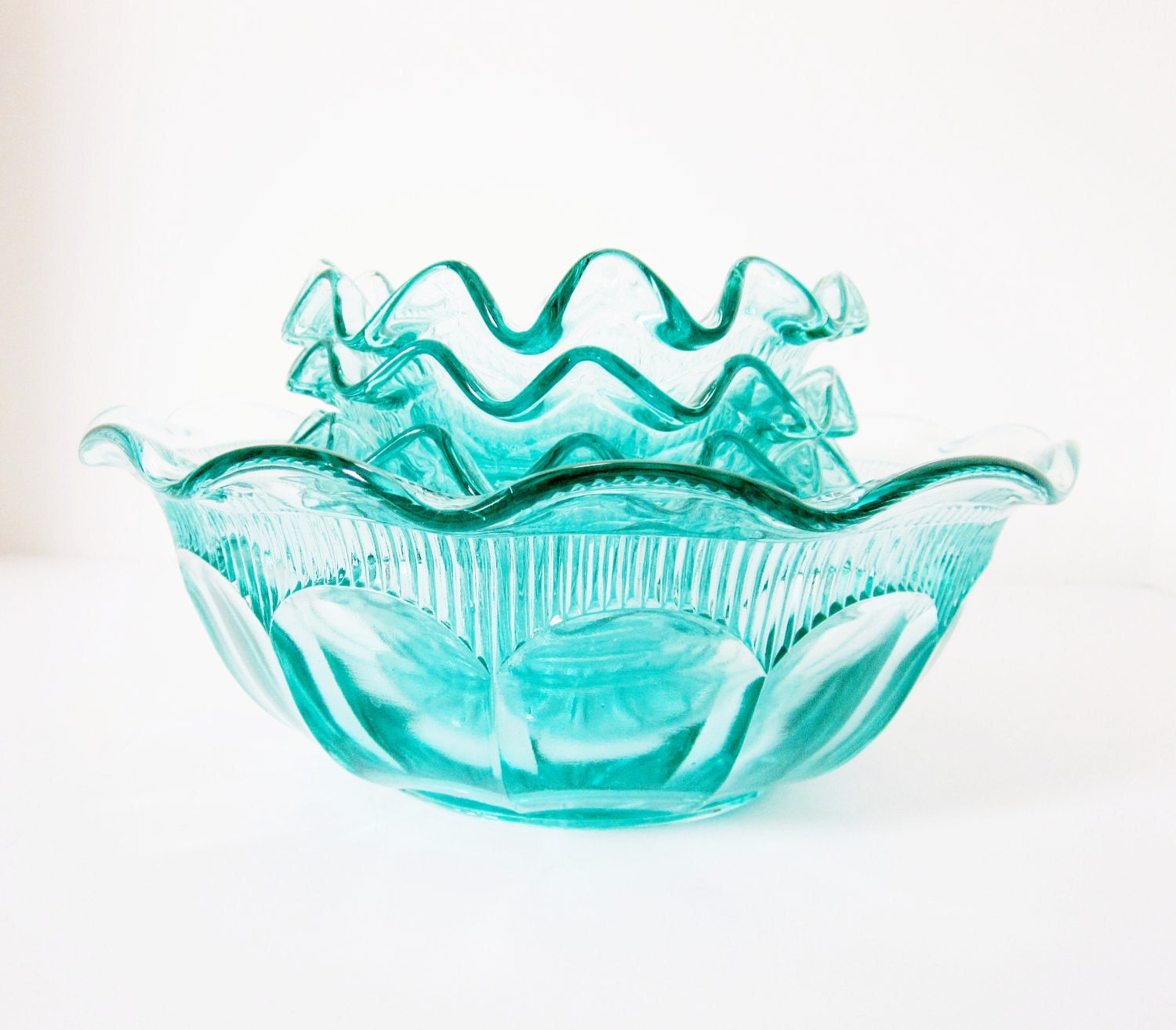 Bohemian Glass Bowl Set Czechoslovakia Vintage Aquamarine Teal Blue - jarmfarm