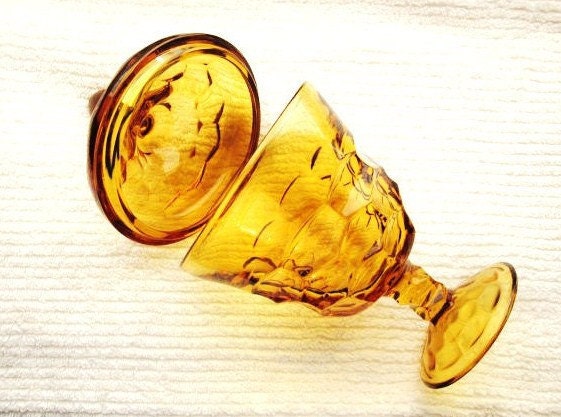 Amber Glass Candy Dish Vintage Covered Compote Golden Color