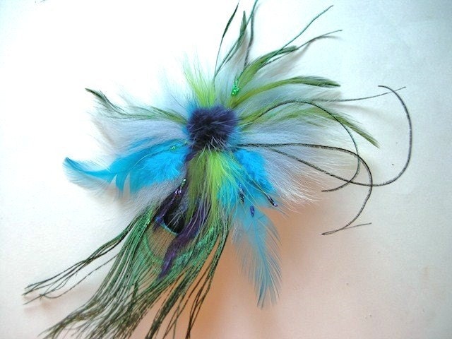 Spring  Summer Floral brooch pin Baby Blue fur  Aqua Turquoise navy green purple Peacock feathers pin gift  Wedding Bridal  wear plus size