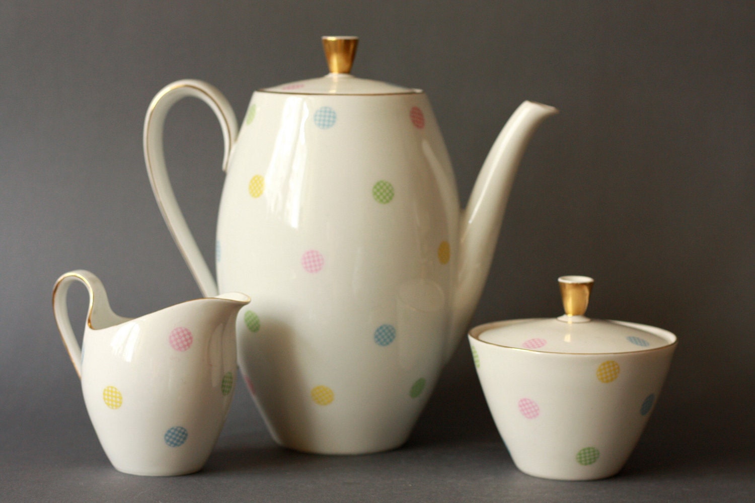 Mid Century Modern 1950s Pastel Polkadots Coffee Pot Creamer and Sugar bowl by Seltmann Bavaria