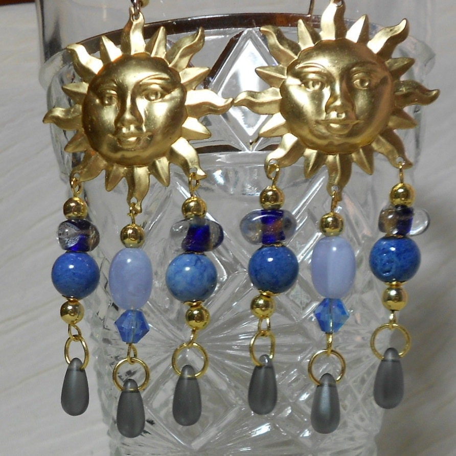 Gold Earrings Chandelier Earrings with Blue Beads