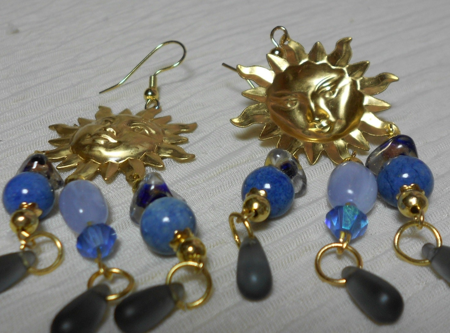 Gold Earrings Chandelier Earrings with Blue Beads