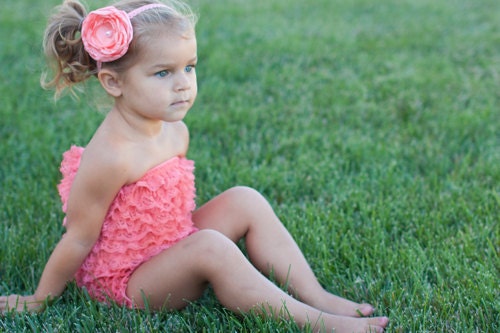 Coral lace ruffle petti romper with matching headband