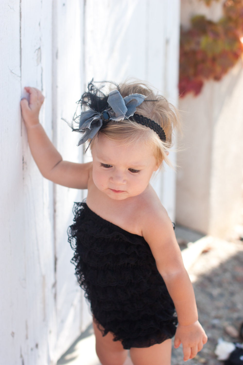 Lace Romper - Black lace petti romper with grey silk bow headband