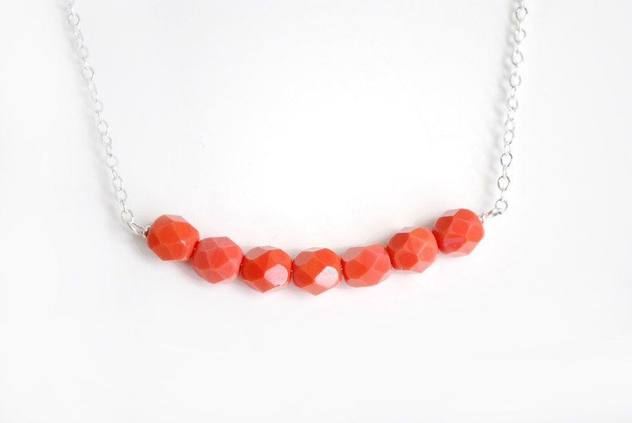 Coral faceted necklace. Silver Tangerine Bar Necklace.