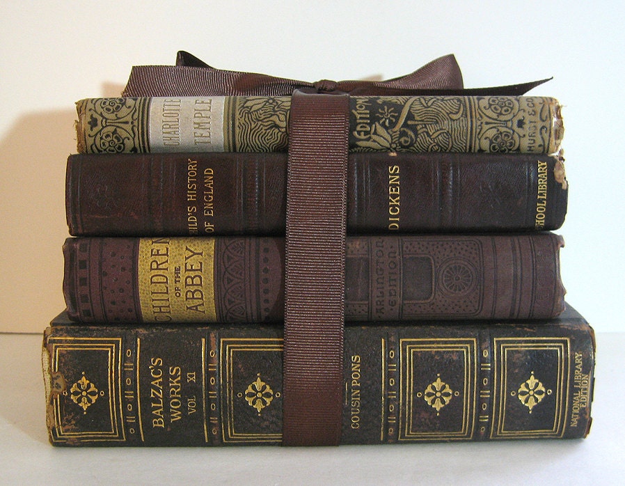 RESERVED FOR R Antique Books Bundle Classics Brown Gold Silver Leather