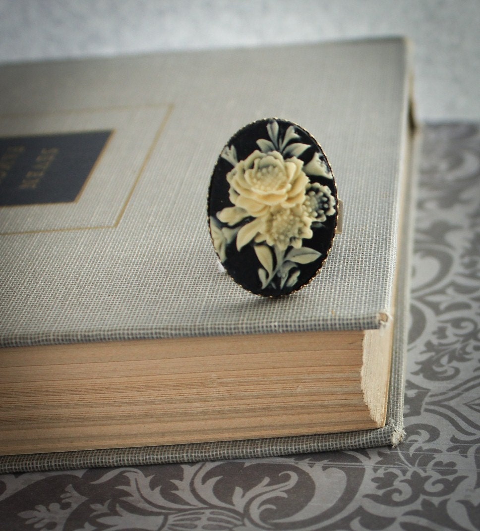 Cameo Ring, Vintage Style Adjustable Ring, Ivory Rose Cameo, Black Cameo, Large Cocktail Ring, Resin Jewelry