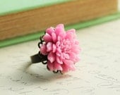 Cocktail Ring, Large Flower, Adjustable Ring, Violet Pink Chrysanthemum, Dahlia Flower, Floral Statement Jewelry