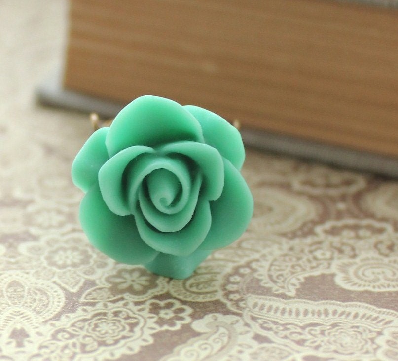 Teal Rose Ring, Flower Cocktail Ring, Antique Brass, Adjustable Filigree Ring, Statement, Srping, Turquoise, Green, Floral Jewellery