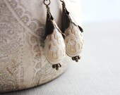 Cream Drop Earrings, Antique Gold, Dangle Earrings, Cream and Gold, Teardrop, Metal Ruffle, Lace Design
