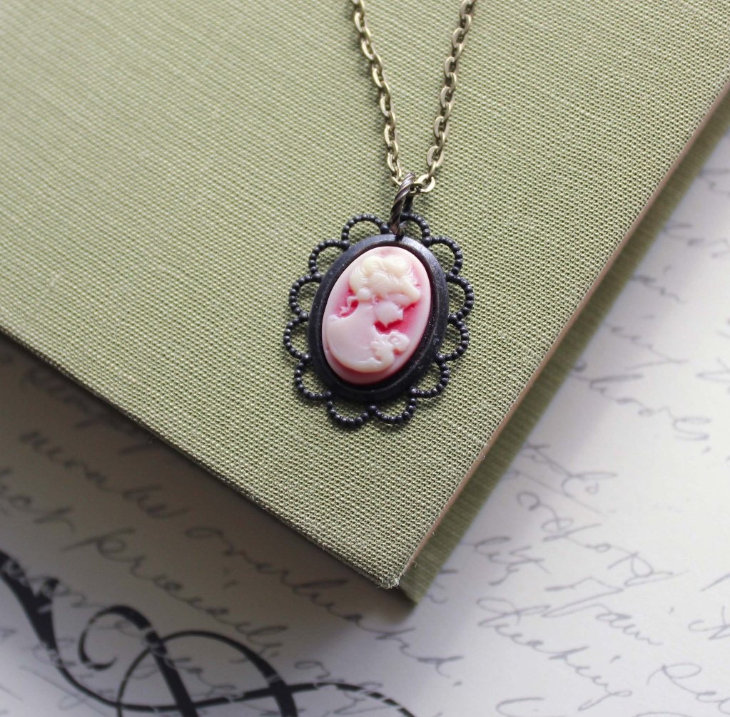 Cameo Necklace, Vintage Style Pendant Cranberry Red, Ivory Cream, Shabby Chic Jewellery, Antique Brass