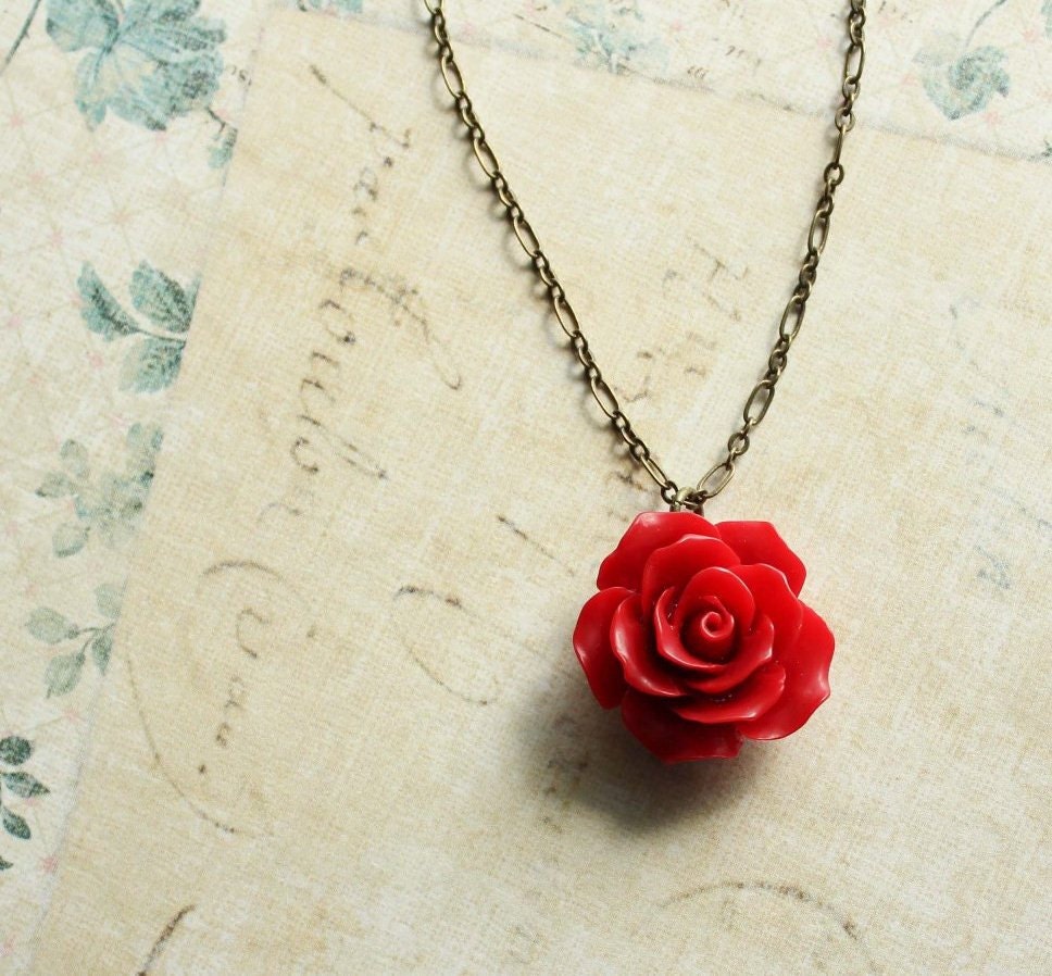 Red Rose Necklace, Flower Pendant, Resin Floral Jewellery, Botanical, Nature, Romantic, Love, Gothic, Valentines Red Rose