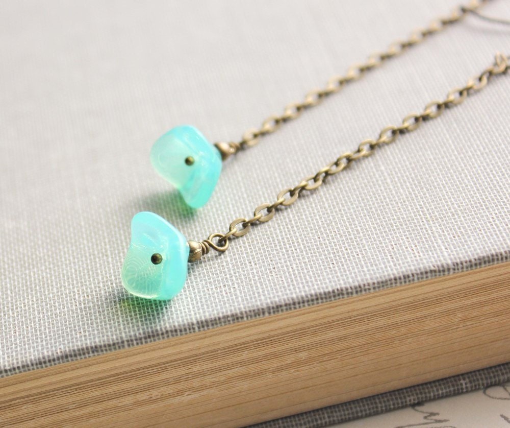 Long Chain Earrings, Aqua Glass Flower Earrings, Unique Flower Earrings, Turquoise, Seafoam, Beach Glass Blue