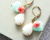 White Glass Earrings, Opaque White, Vintage Teardrop, Coral Pink, Glass Flower, Aqua Blue, Leaf Bead, Spring Jewelry