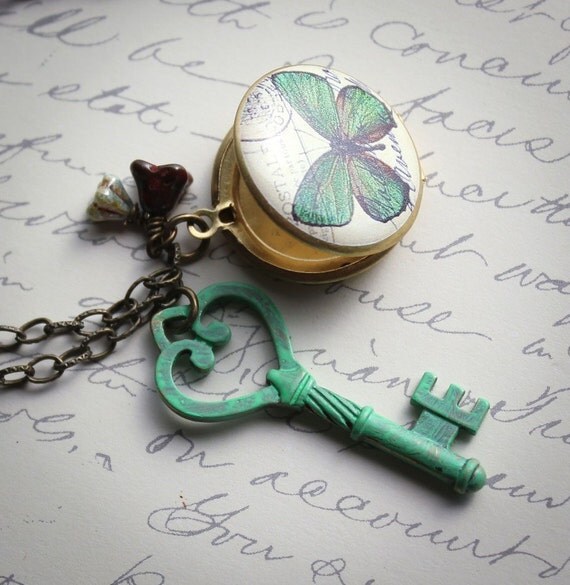 Butterfly Locket Necklace, Skeleton Key, Verdigris Patina, Woodland, Green, Spring Jewelry, Enchanted, Whimsy