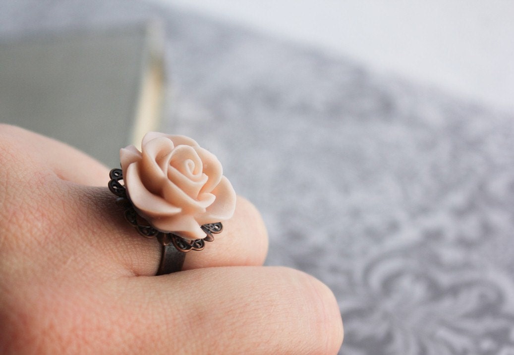 Blush Rose Ring, Pale Pink, Flower Cocktail Ring, Adjustable Filigree Ring, Rose Smoke