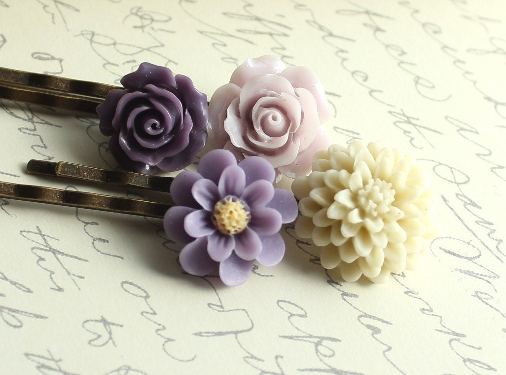 Purple Lavender Flowers, Bobby Pins, Hair Accessories, Spring Flowers, Hair Clips - Set of Four (4)