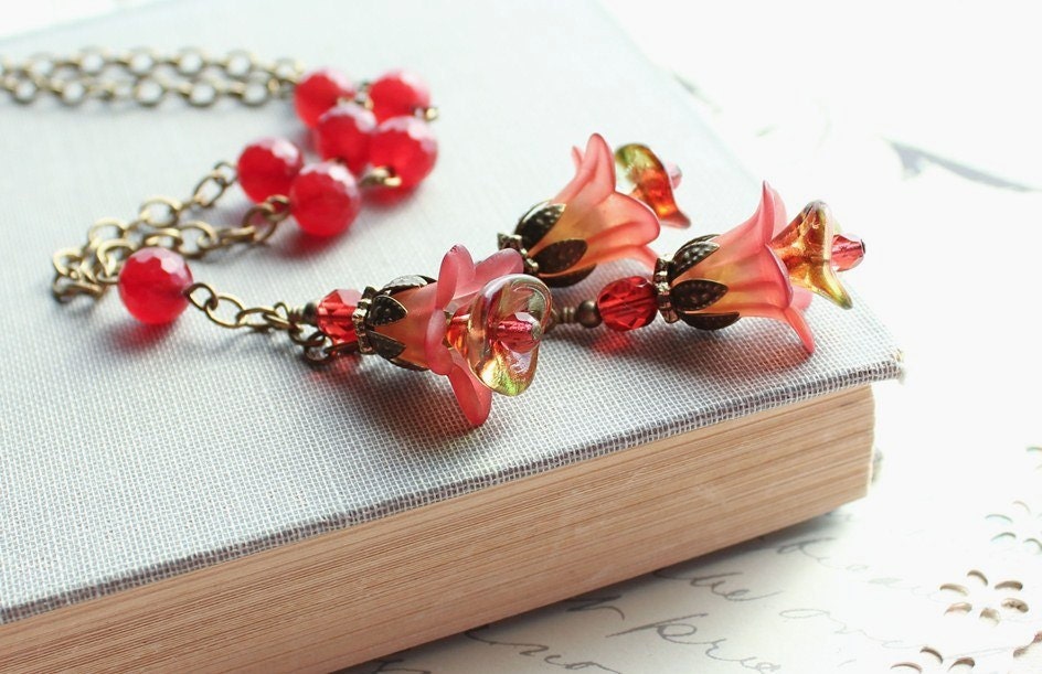 Lucite Flower Jewelry. Flower Charm Necklace. Long Necklace. Rust. Brick Red. Cranberry. Jewellery.