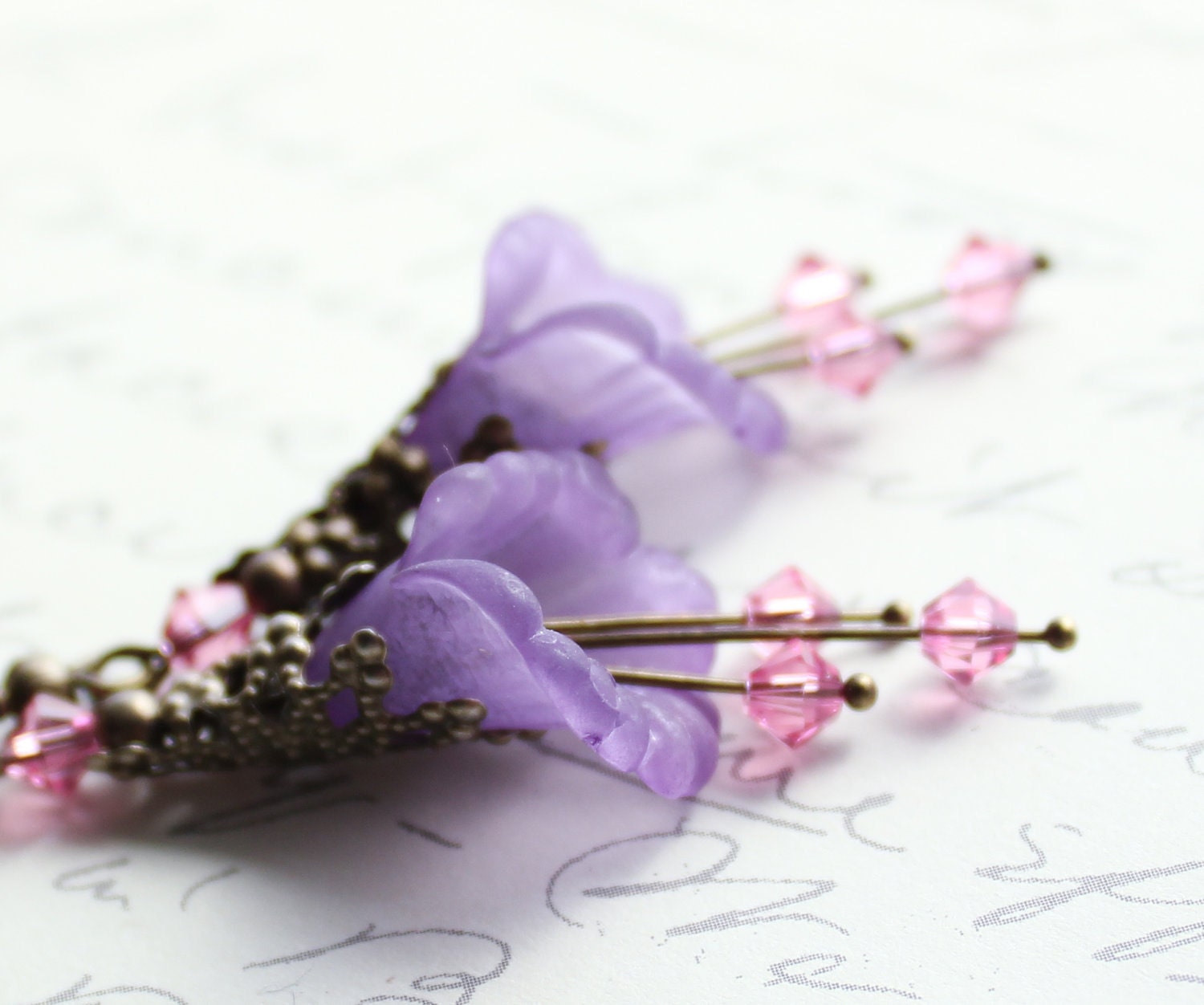 Lilac Flower Earrings, Mauve Dangle, Pink Swarovski, Lavender Purple Drops, Trumpet Flower Earrings, Lucite Earrings, Antique Brass Filigree