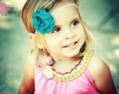 Peacock Blue Shabby Chic Chiffon Flower on Skinny Elastic Headband--All Sizes