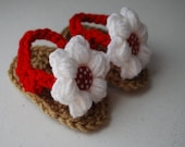 Red and White Crochet Sandals with Polka Dot Button/Baby Shower Gift