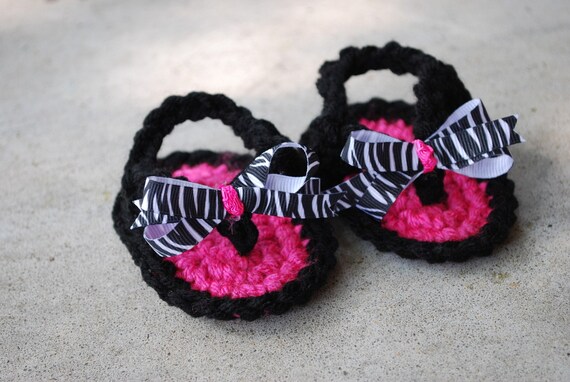 NEW-------Hot Pink and Black Zebra Crochet Baby Sandals