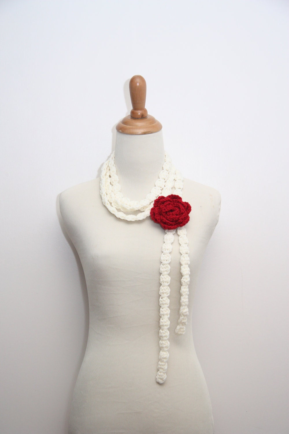 Cream Crocheted Skinny Scarf/Necklace with Red Rose Flower Brooch