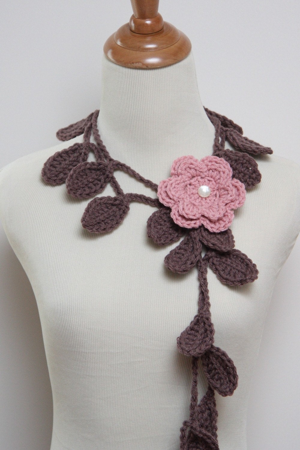 Crocheted Coffee Brown Leaf Necklace with Rose Pink Flower Brooch