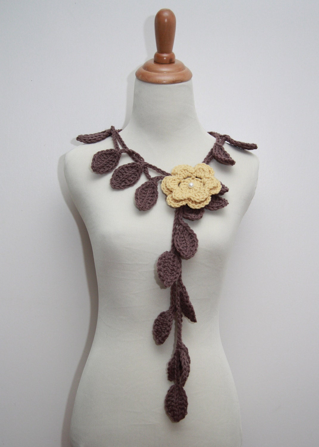 Crocheted Leaf Necklace/Lariat in Coffee Brown with Yellow Flower Brooch