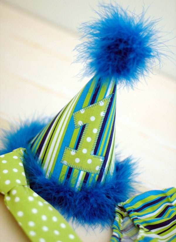 Boys Birthday Party Hat, Diaper Cover and Tie - Perfect for First Birthday, Smash Cake Pics, Photo Prop - Whale in Lime and Blues