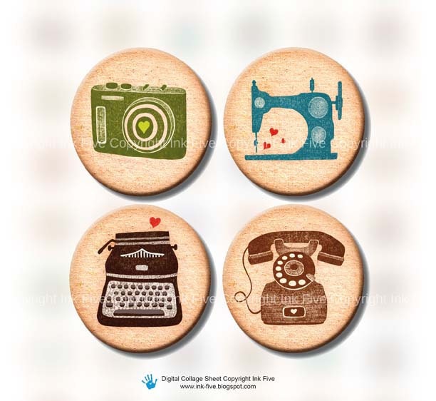 1 inch circles digital collage sheet I Heart Machines. Retro printable images for bottle caps size magnets, cupcake toppers, scrapbooks etc