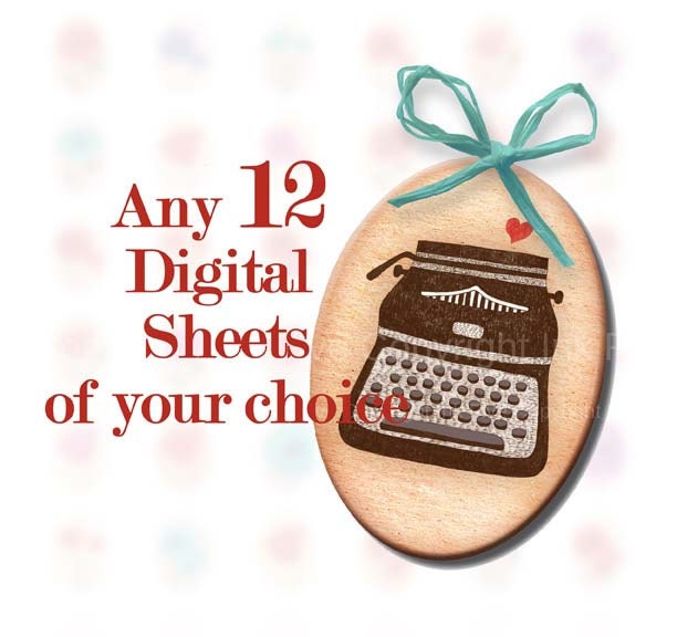 Any 12 Digital Collage Sheets of your choice. Printables for bottle caps, cabochons, pendants, jewelry, embellishments. Printable download