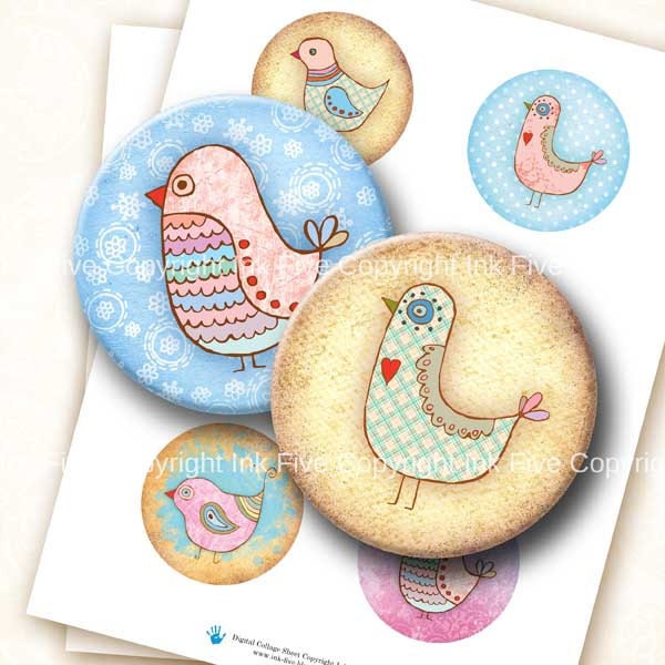 Bird Party 2.5 inch circles digital collage sheet. Round images for 2.25 inch pocket mirrors. Birds download graphics. Whimsical characters. - InkFive