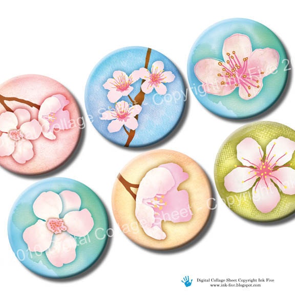 Cherry Blossom 1 inch circles. Spring flowers Digital bottle caps. Printable floral images for jewelry, magnets. Japanese cherry flowers