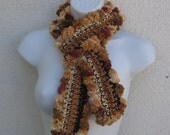 POM POM Scarf in chocolate and cinnamon browns and vanilla cream OOAK