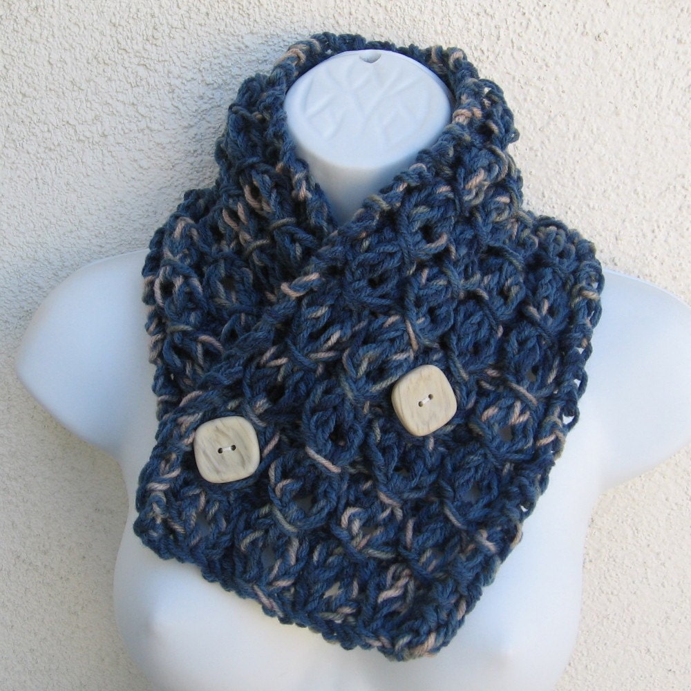 BLUE CAMOUFLAGE Cable Button Cowl with beige and shades of blue