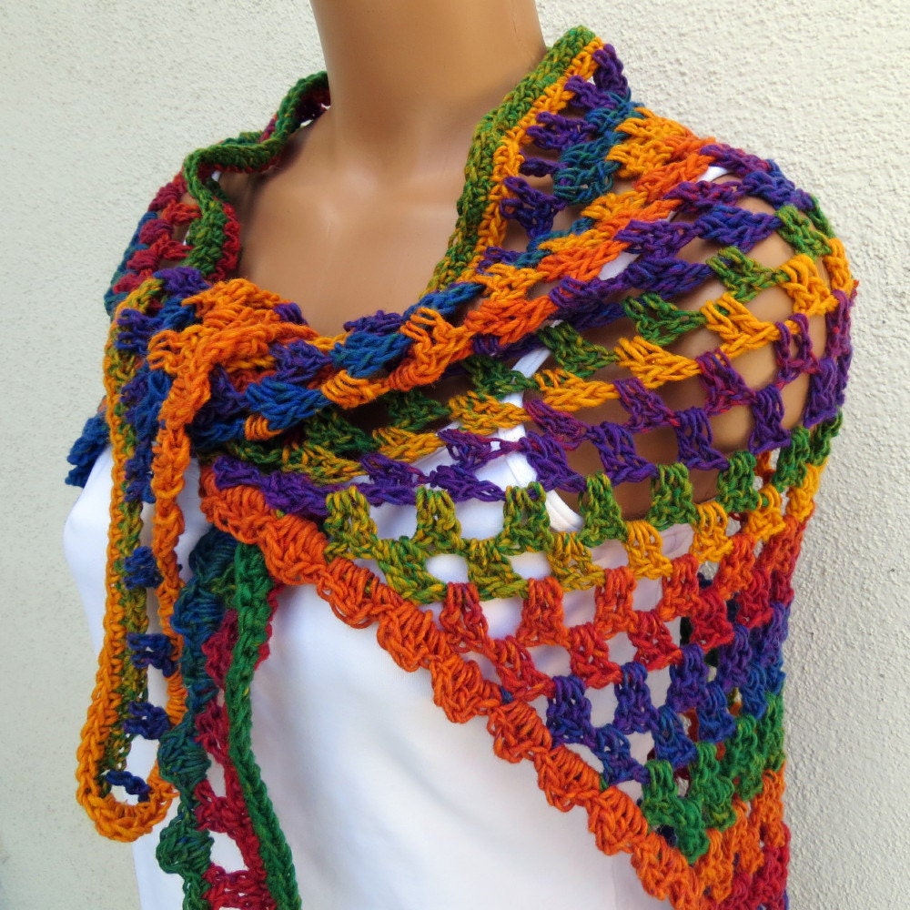 CALYPSO Shawl - Medium - rainbow of purple, royal blue, green, gold, orange and rust, OOAK