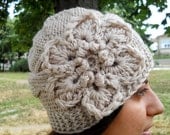 Hand Knit Hat - Cable Hat With Flower Womens Knit Hat, Women Hat Knit Winter Hat