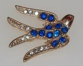 Vintage Bird Brooch Red White Blue Rhinestones 1950s 1960s