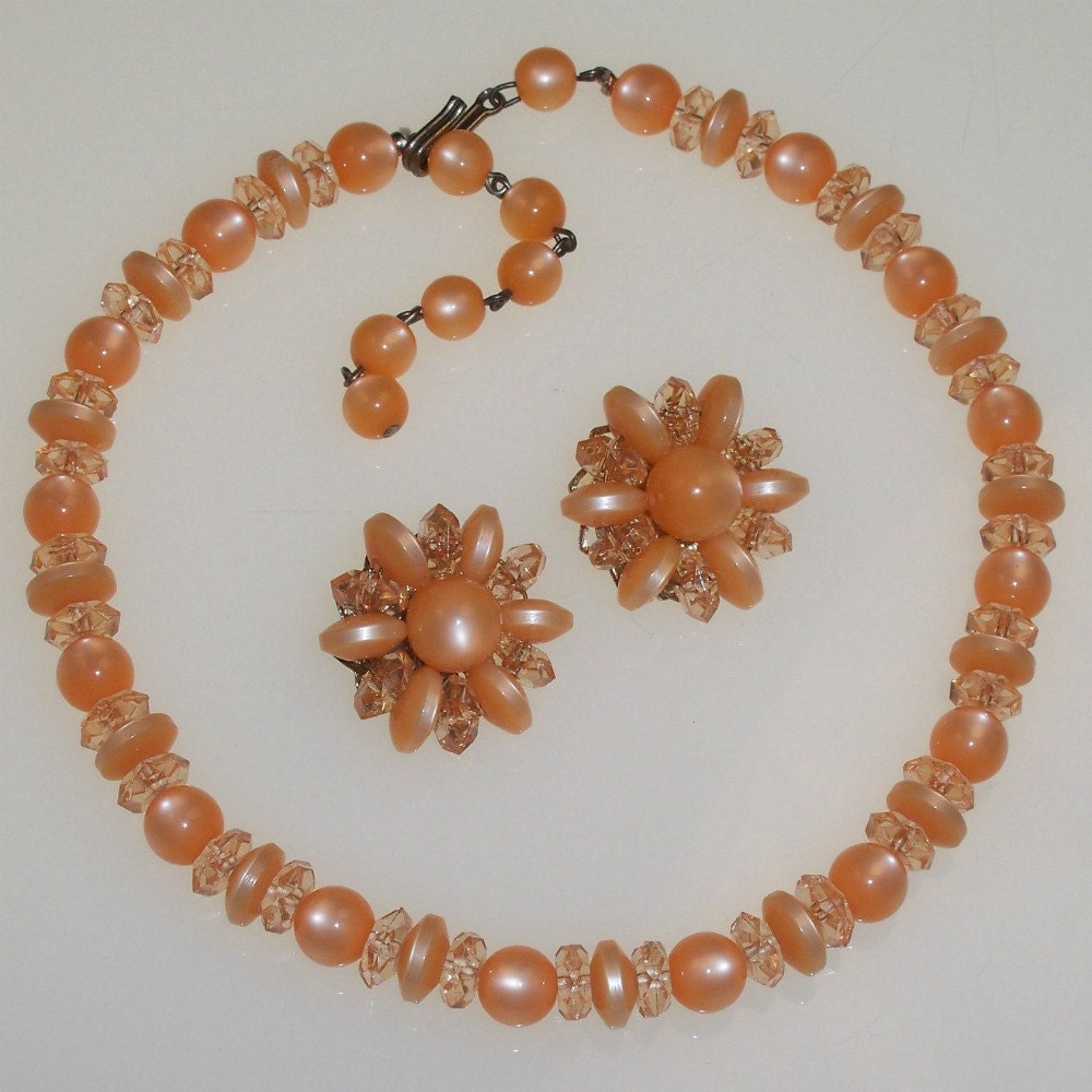 Tangerine Moonglow Necklace Earrings Set Vintage 1960s Mad Men Orange Peach Lucite Crystal Beads