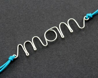 ITS A BOY - Mom Bracelet : Silver Handwritten Cursive Wire 'MOM' Bracelet with Baby Blue Cotton Cord, New Mom, Mother-To-Be, Baby Shower