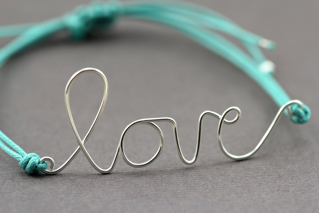 Wire Love Bracelet : Breeze. Silver Handwritten Cursive Wire 'LOVE' Bracelet with Blue Cotton Cord, Adjustable Closure, Affirmation Bracelet
