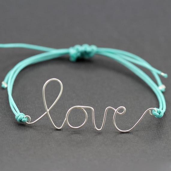 Wire Love Bracelet : Breeze. Silver Handwritten Cursive Wire 'LOVE' Bracelet with Blue Cotton Cord, Adjustable Closure, Affirmation Bracelet