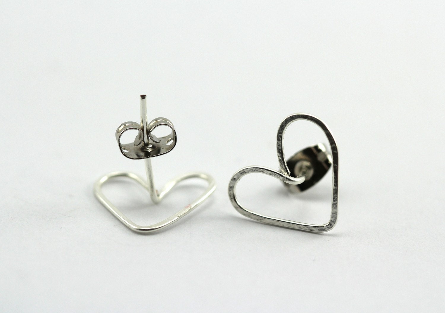 Heart Earrings : Silver Plated Wire Bent, Hammered Heart Stud Earrings, Hand Bent, Artisan Tree, Love Earrings