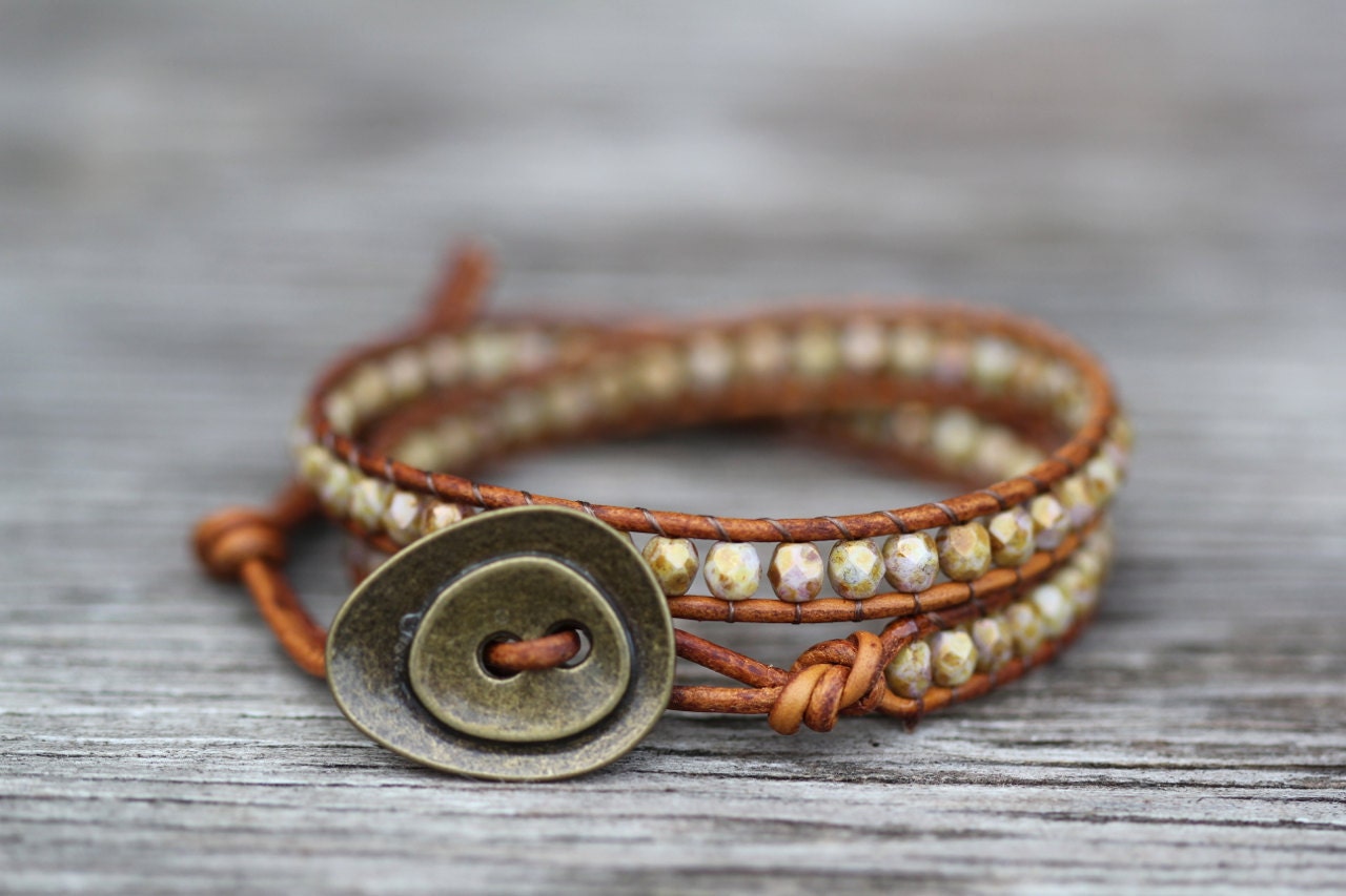 Leather Wrap Bracelet : English Saddle. Opaque Gold and Smoky Topaz Luster Beaded Natural Leather Bohemian Wrap Bracelet