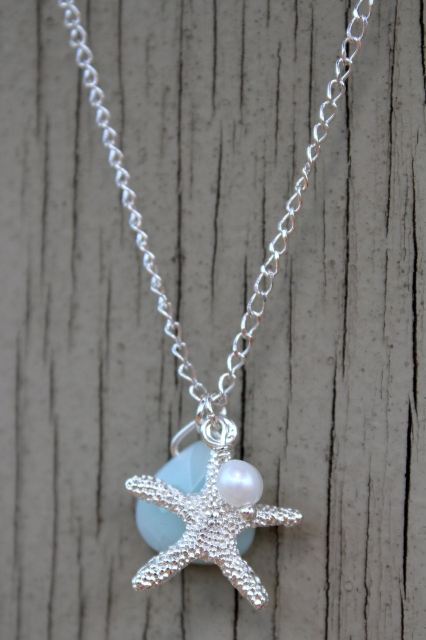 Starfish Necklace : Silver Plated Starfish Charm Necklace with Accenting White Freshwater Pearl and Pale Teal Blue Amazonite Briolette Bead