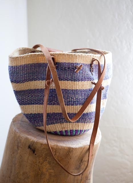 Vintage Woven Jute and Leather Southwest Striped Shoulder Bag