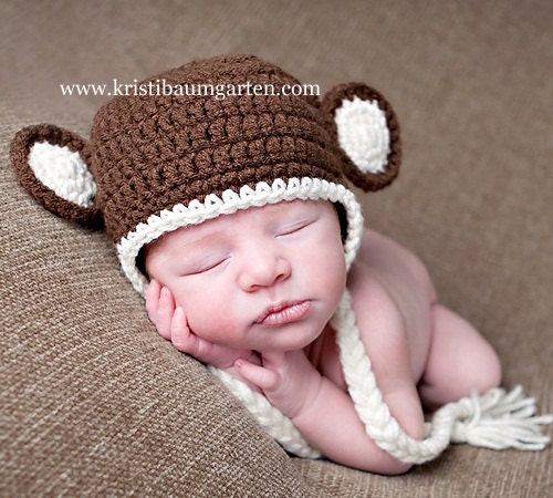 Baby MONKEY Earflap Braids Photo Hat Newborn 0 3 6 Months