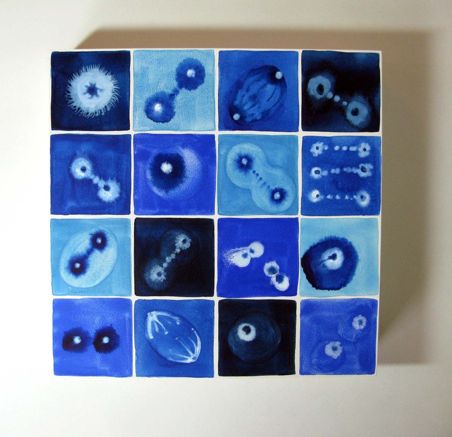 Cell Division Blue 4 - original watercolor painting on clayboard